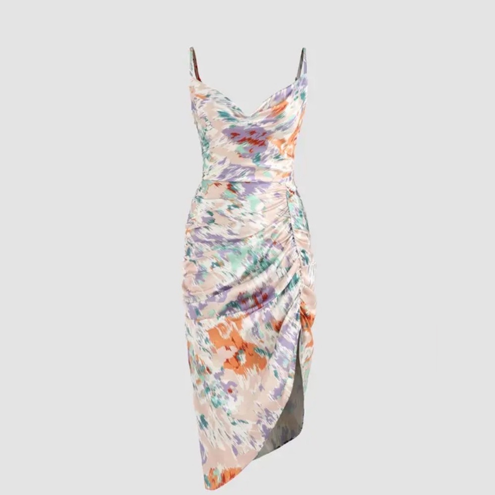 Cider Multicolor Floral-Print Asymmetrical Slip Dress